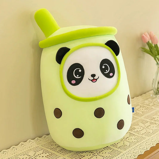 Product image of a green boba drink with a panda face and green straw resembling a matcha panda bubble tea