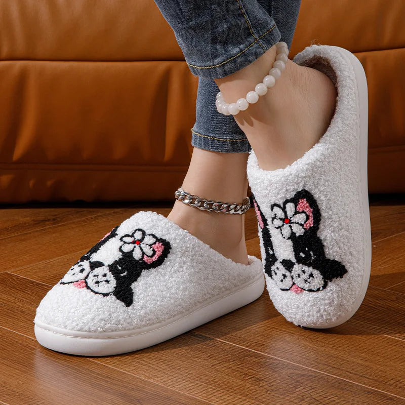 Pug with White Daisy Plush Slippers