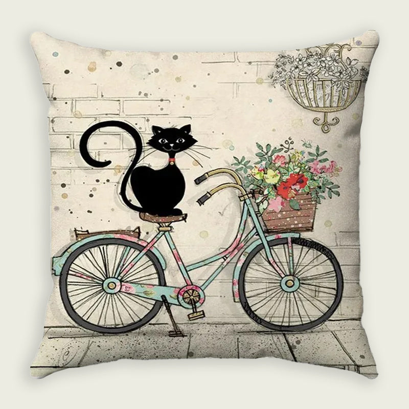 Cute Black Cat on Bicycle Plush Pillow Case