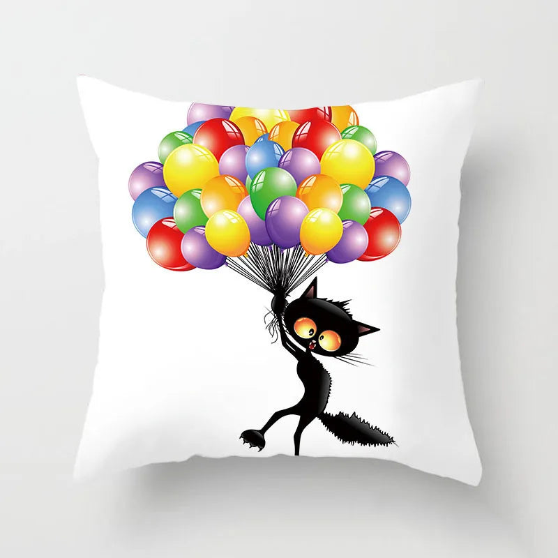 Cat Drifting Away with Colorful Balloons Plush Pillow Case