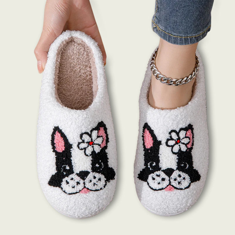 Pug with White Daisy Plush Slippers