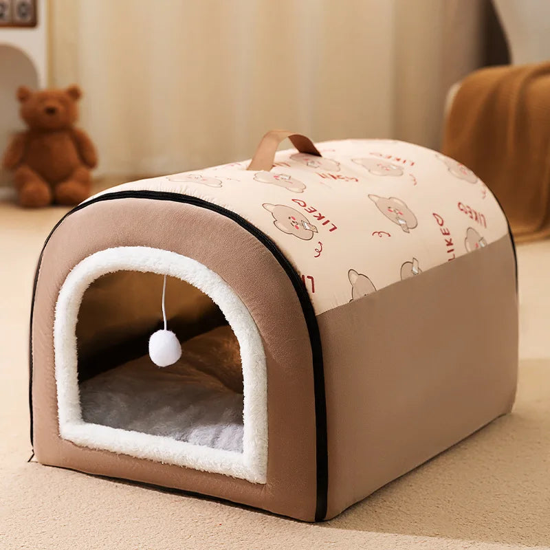 Portable Plush-Lined Dog House with Handle