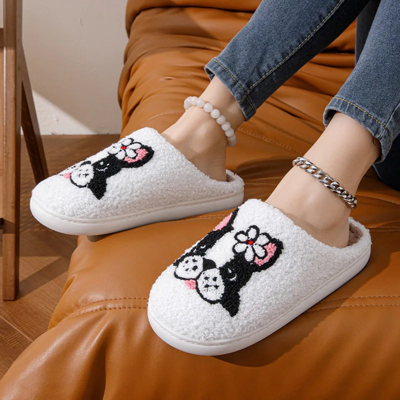 Pug with White Daisy Plush Slippers