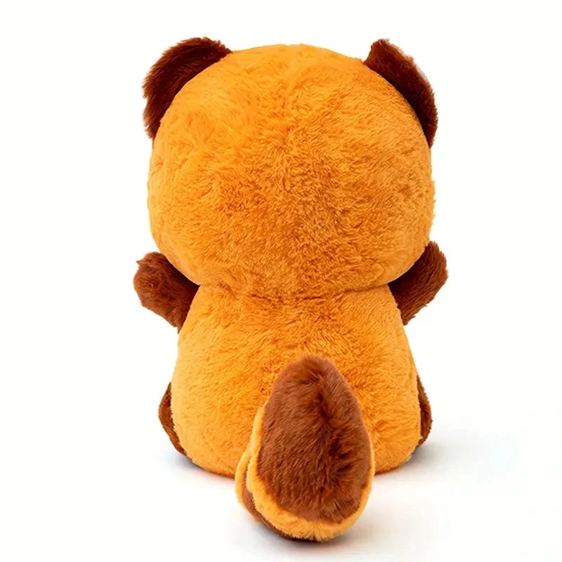 Back view of a raccoon depicting Rocky with his striped tail showing.