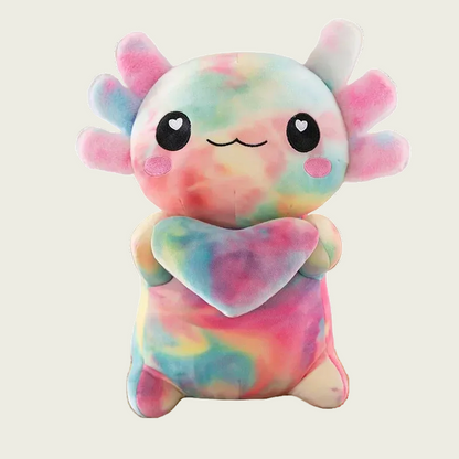 Axolotl plushie holding a small heart in rainbow colors