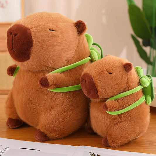 An image depicting two capybara plushies with green turtle backpacks - one adult and one child, sitting on a desk