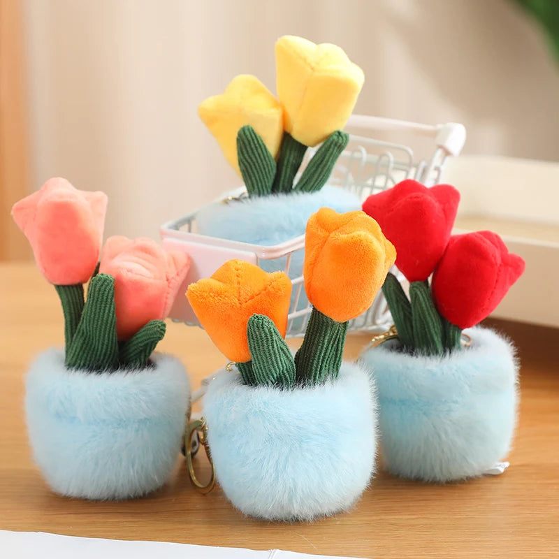 Tulip Plant in Fuzzy Blue Pot Keychain