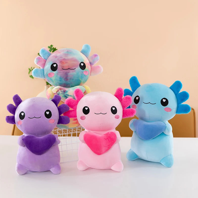Multi-Colored Axolotl Plush Holding Heart