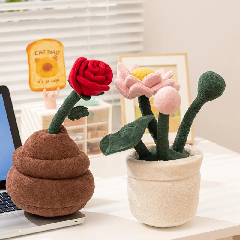 Single Red Rose Plush in Brown Vase