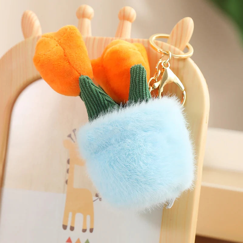 Tulip Plant in Fuzzy Blue Pot Keychain