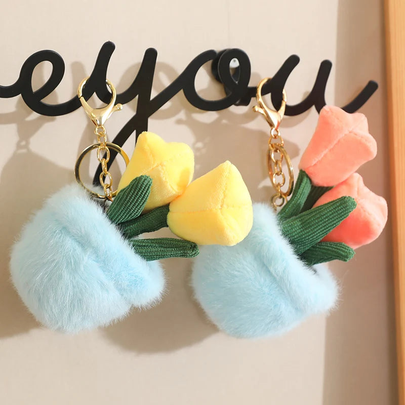 Tulip Plant in Fuzzy Blue Pot Keychain