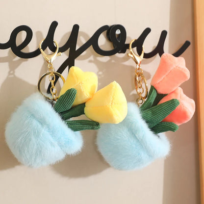 Tulip Plant in Fuzzy Blue Pot Keychain