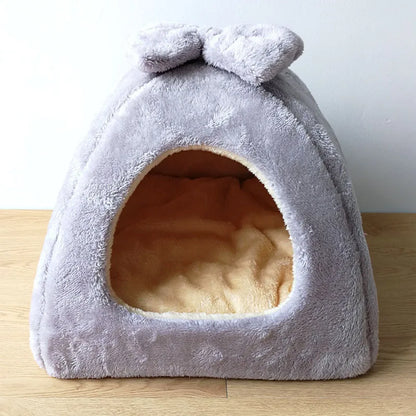 Plush-Velvet Igloo House with Bow for Pets
