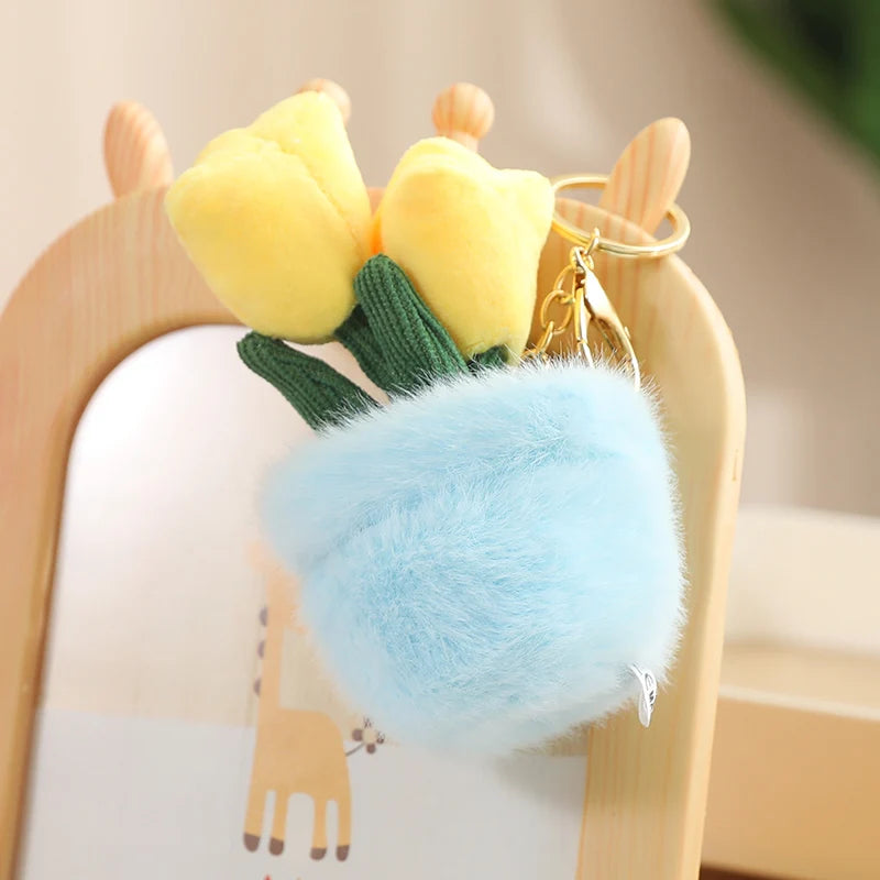 Tulip Plant in Fuzzy Blue Pot Keychain