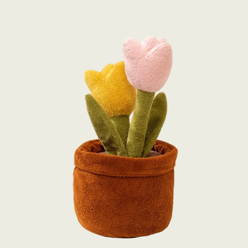 Yellow & Pink Tulip Plush Plant in Pot