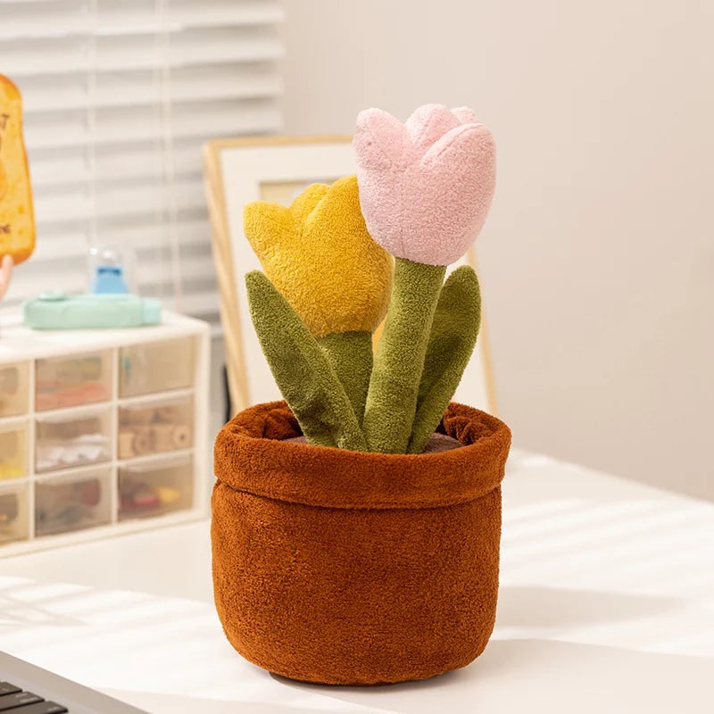 Yellow & Pink Tulip Plush Plant in Pot