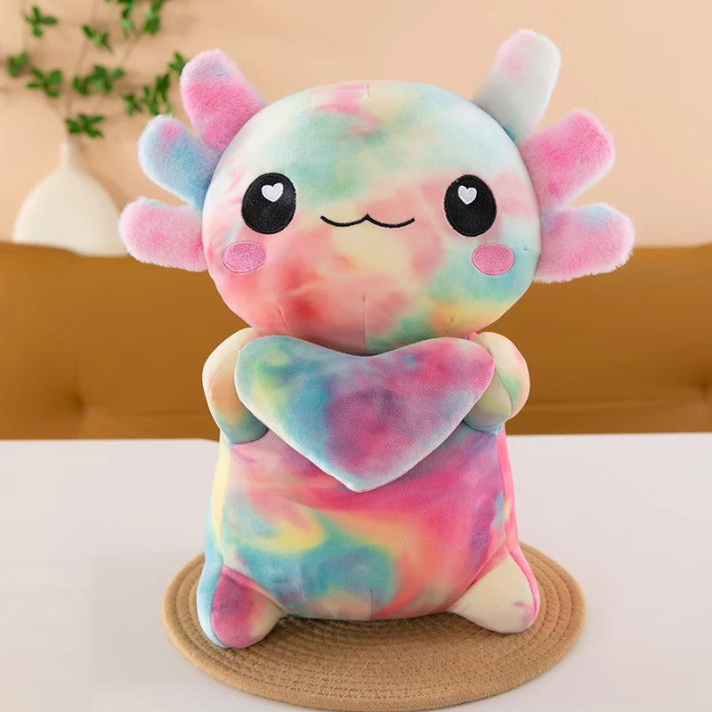 Multi-Colored Axolotl Plush Holding Heart
