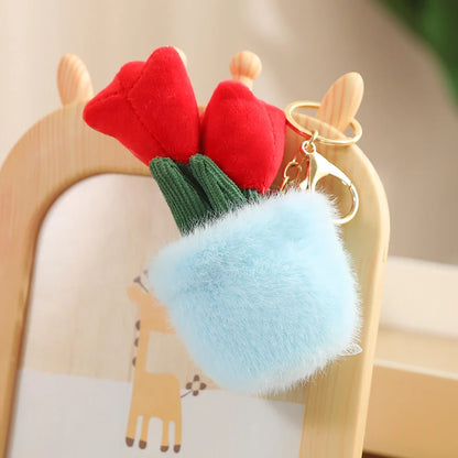 Tulip Plant in Fuzzy Blue Pot Keychain