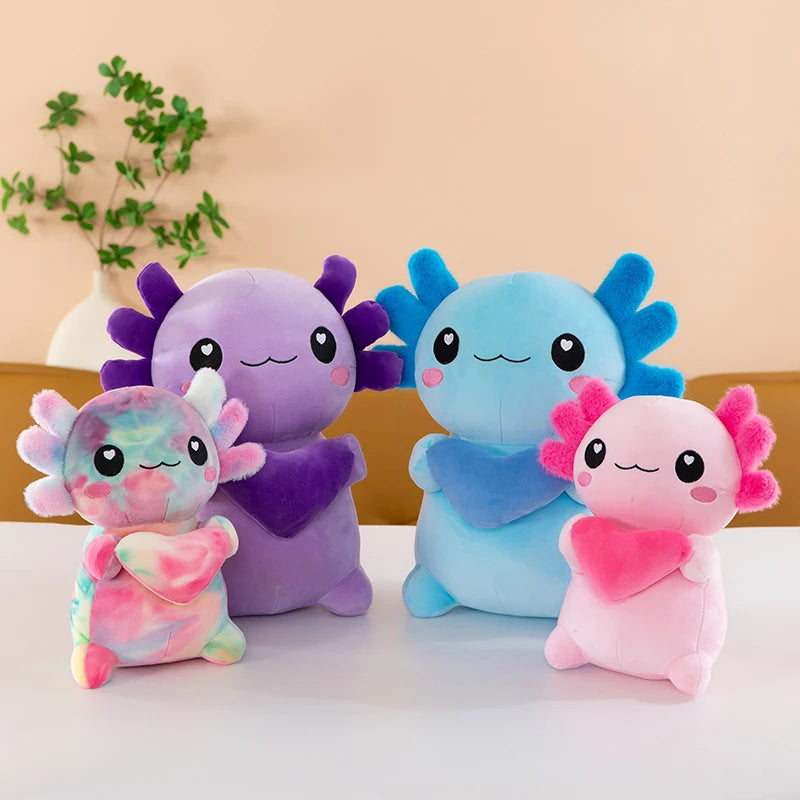 Multi-Colored Axolotl Plush Holding Heart