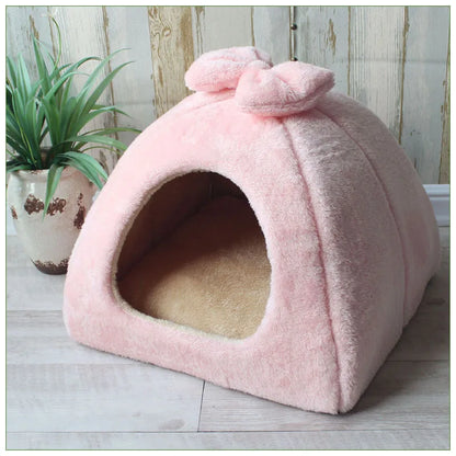 Plush-Velvet Igloo House with Bow for Pets