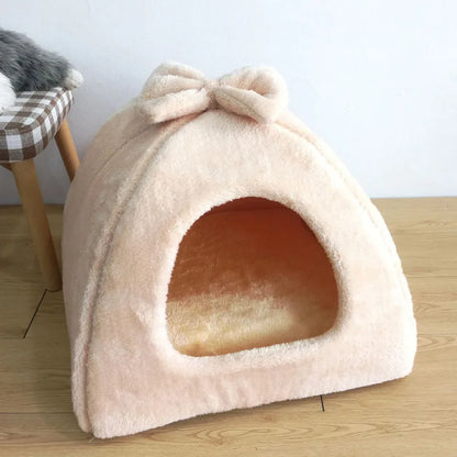 Plush-Velvet Igloo House with Bow for Pets
