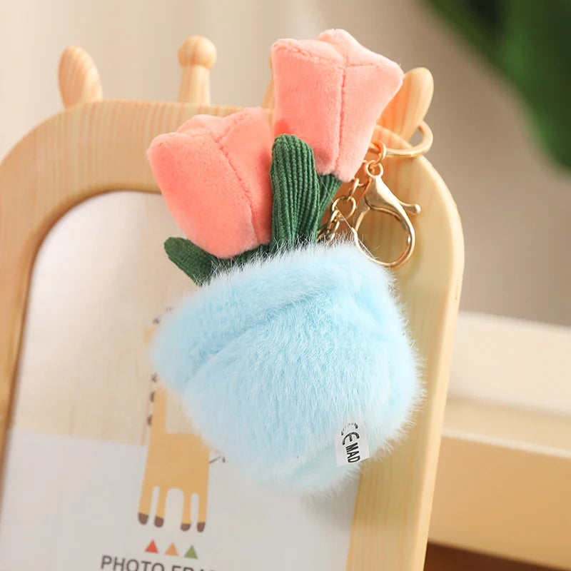 Tulip Plant in Fuzzy Blue Pot Keychain