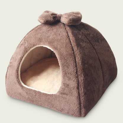 Plush-Velvet Igloo House with Bow for Pets