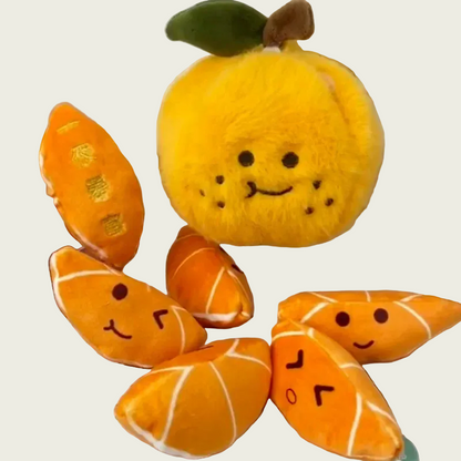 Peelable Orange Plushie with Five Orange Emoji Segments Inside
