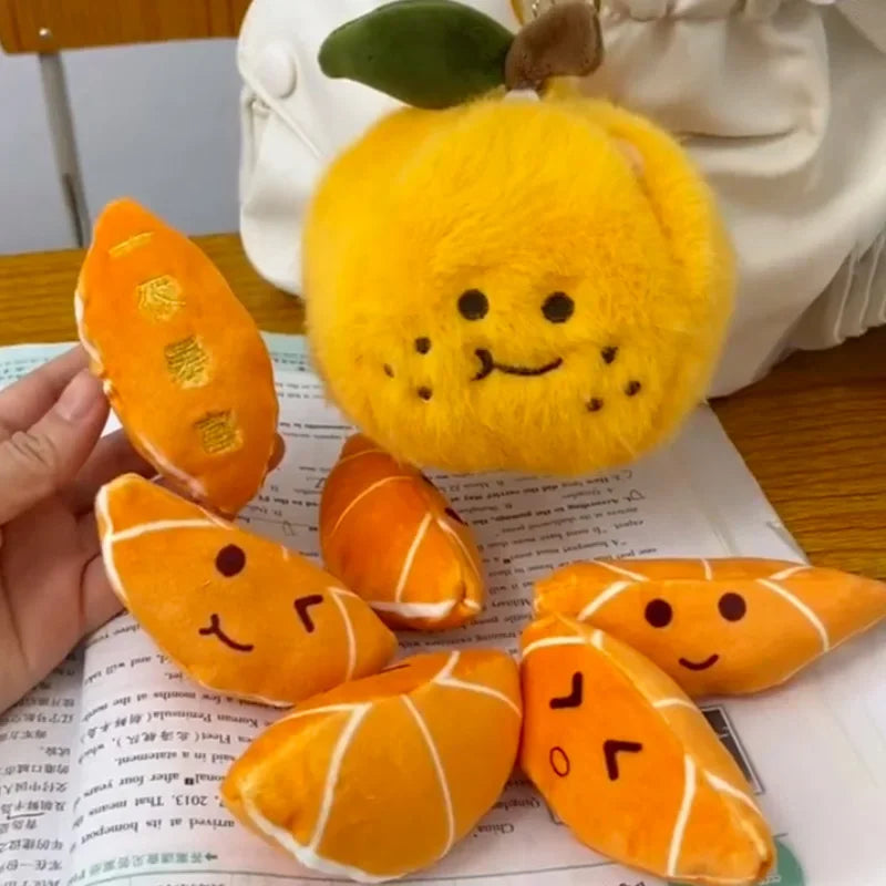 Peelable Orange Plushie with Five Orange Emoji Segments Inside